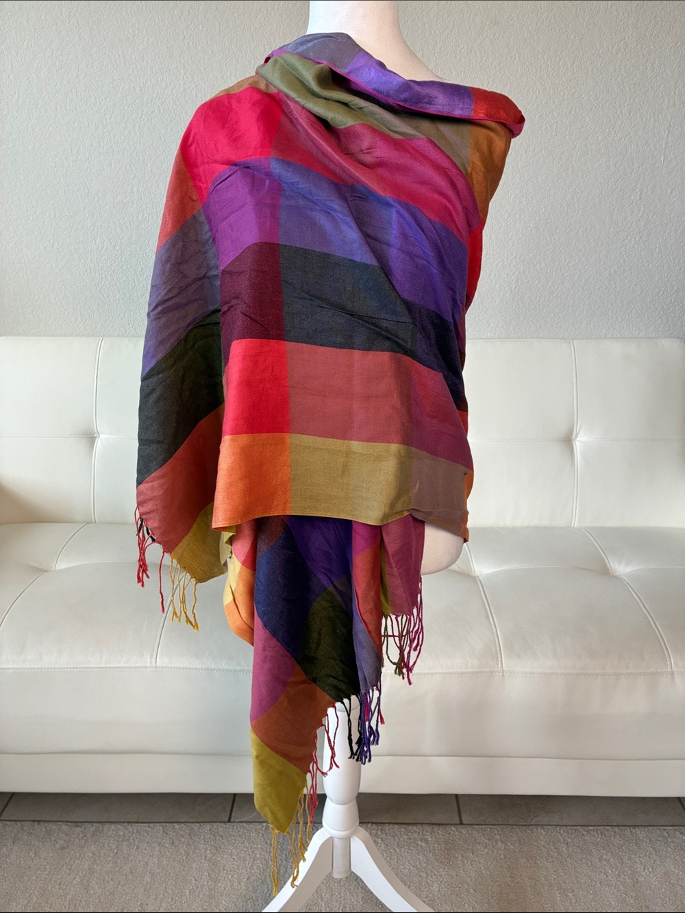 Multicolor Plaid Fringe Wrap Scarf - Red, Purple & Olive